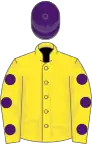 Yellow, purple spots on sleeves, purple cap