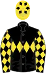 BLACK, yellow triple diamond and diamonds on sleeves, yellow cap, black diamonds