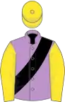 Mauve, black sash, yellow sleeves and cap