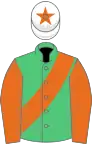 Emerald green, orange sash and sleeves, white cap, orange star