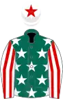 Dark green, white stars, white and red striped sleeves, white cap, red star