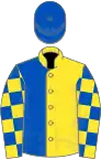 Yellow and Royal Blue (halved), checked sleeves, Royal Blue cap