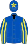 royal blue, yellow stripes on sleeves, royal blue cap, yellow star