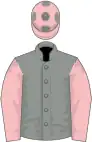 Grey, pink sleeves, pink cap, grey spots