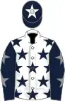 White, dark blue stars, dark blue sleeves, grey stars, dark blue cap, white star