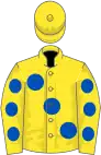 Yellow, large royal blue spots, spots on sleeves