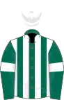 Dark green and white stripes, dark green sleeves, white armlets, white cap