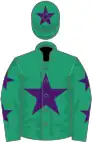 Emerald green, purple star, emerald green sleeves, purple stars, emerald green cap, purple star