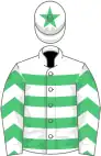 White and emerald green hoops, emerald green chevrons on sleeves, emerald green star on cap