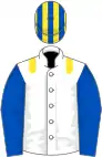 White, yellow epaulettes, royal blue sleeves, yellow and royal blue striped cap