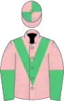 Pink, emerald green chevron, emerald green and pink halved sleeves, emerald green and pink quartered cap