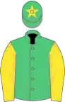 Emerald green,yellow sleeves,green cap,yellow star