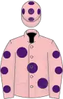 Pink, large purple spots, pink sleeves, purple spots, pink cap, purple spots