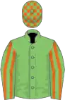 Light green, orange striped sleeves, check cap