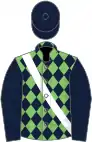 Light green, dark blue diamonds, white sash, dark blue sleeves, dark blue cap