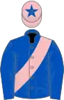 Royal blue, pink sash, pink cap, blue star