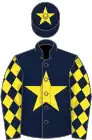 Dark blue, yellow star, diamonds on sleeves, dark blue cap, yellow star