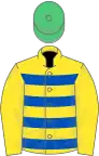 Yellow, dark blue hooped, yellow sleeves, green cap