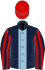 Dark blue, light blue stripe, dark blue and red striped sleeves, red cap