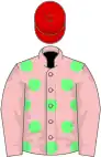 Pink, light green spots, pink sleeves, red cap