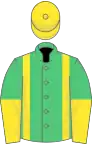 Emerald green, yellow braces, halved sleeves, yellow cap