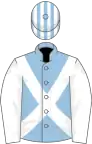 Light Blue, White cross belts and sleeves, White and Light Blue striped cap