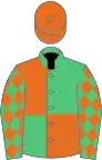 EMERALD GREEN and ORANGE QUARTERED, orange diamonds on sleeves, orange cap