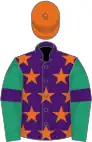 Purple, orange stars, emerald green sleeves, purple armlets, orange cap