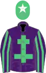 Purple, emerald green cross of lorraine, striped sleeves, emerald green cap, white star