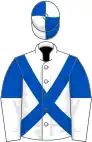 White, royal blue cross-belts, royal blue and white halved sleeves, quartered cap