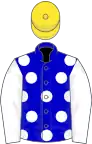 Blue, white spots and sleeves, yellow cap