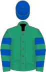 Emerald green, royal blue hooped sleeves, royal blue cap