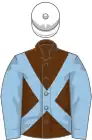 Brown, light blue cross belts and sleeves, white cap