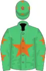 Emerald green, orange star, emerald green sleeves, orange stars and cap