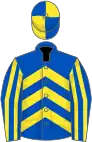 Royal blue, yellow chevrons, striped sleeves, quartered cap