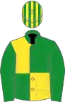 Green and yellow (quartered), green sleeves, striped cap