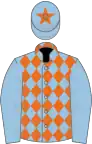 Light blue and orange diamonds, light blue sleeves and cap, orange star