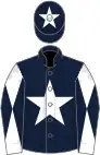 Dark blue, white star, white and dark blue diabolo on sleeves, dark blue cap, white star