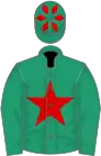 Emerald green, red star, diamonds on cap