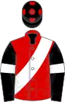 Red, white sash, black sleeves, white armlet, black cap, red spots