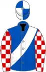 Royal blue, white sash, red and white checked sleeves, royal blue and white quartered cap