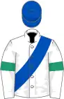 White, royal blue sash and cap, emerald green armlets