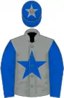 Grey, royal blue star and sleeves, royal blue cap, grey star