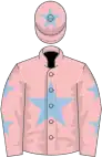 Pink, light blue star, pink sleeves, light blue stars, pink cap, light blue star