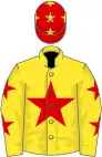 Yellow, red star, red stars on sleeves, red cap, yellow stars