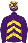 Purple and yellow chevrons, purple sleeves, hooped cap