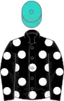 Black, white spots, turquoise cap