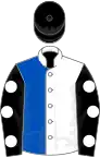 White and royal blue (halved), black sleeves, white spots, black cap