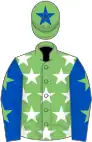 Light green, white stars, royal blue sleeves, light green stars, light green cap, royal blue star