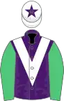 Purple, white chevron, emerald green sleeves, white cap, purple star